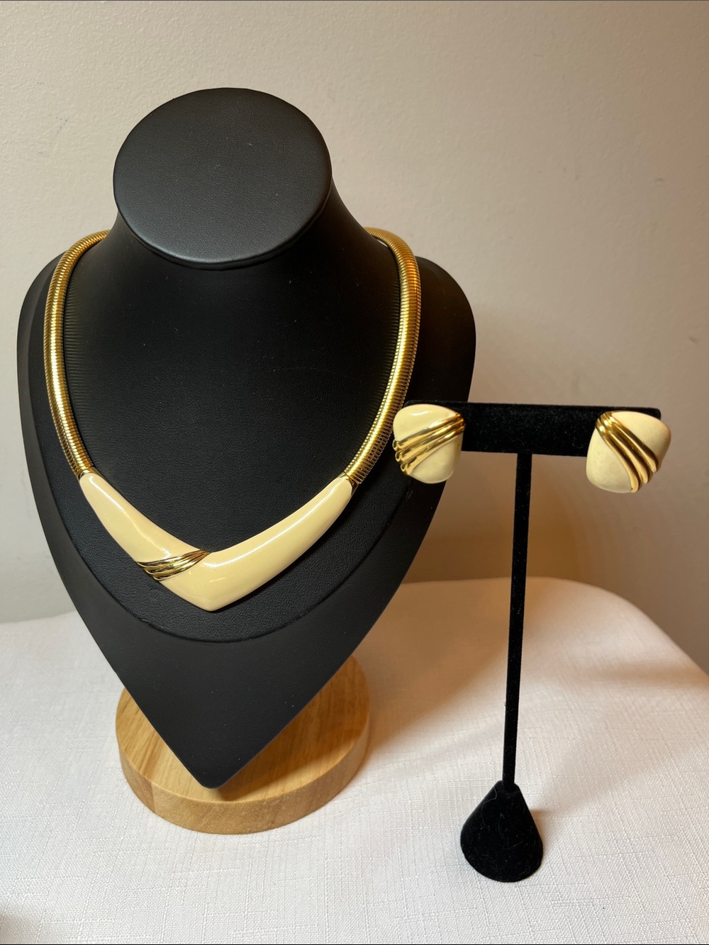 Vintage Cream and Gold Statement Necklace & Earring Set